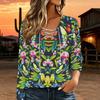 Women Plus Size Crisscross V Neck Long Sleeve Top Tropical Jungle Floral Bird Print Casual Blouse