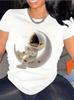 Crescent Stars Astronaut Round Casual Summer Women's Astronaut Graphic T-Shirt Space Themed Print Casual Women Clothing