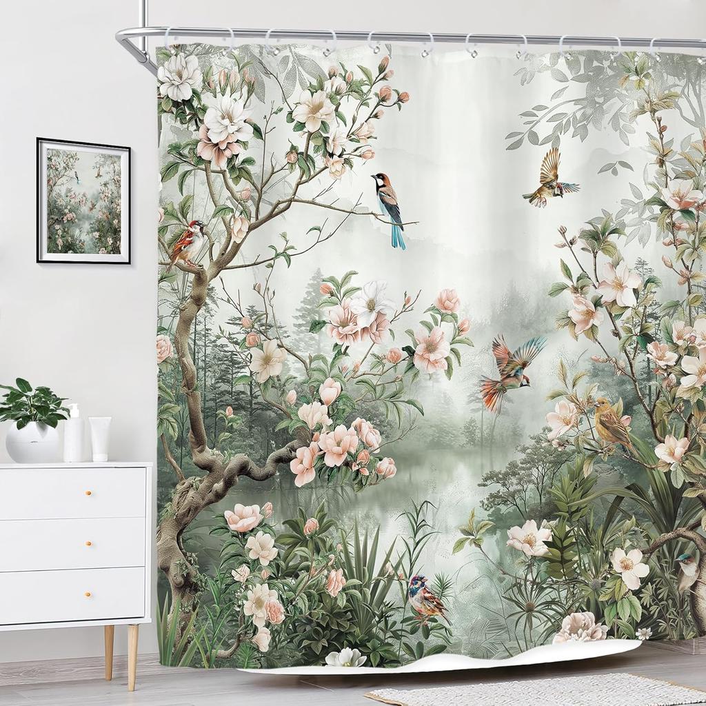 Cortina de Ducha Floral con Pájaros Vintage, Estampado de Peonías Estilo Asiático, Poliéster Impermeable Decoración de Baño