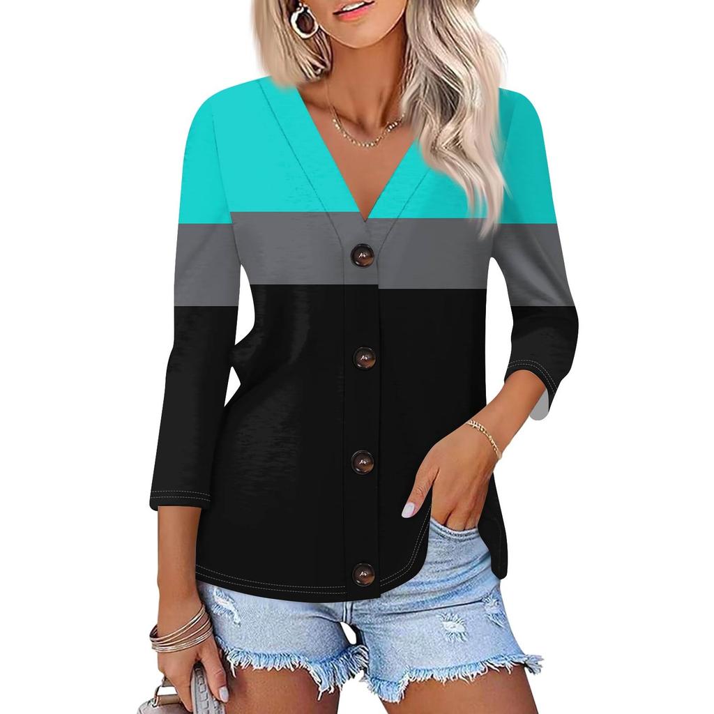 Moda Donna Casual Camicia a Maniche a Tre Quarti con Bottoni e Stampa Geometrica a Righe Top Cardigan