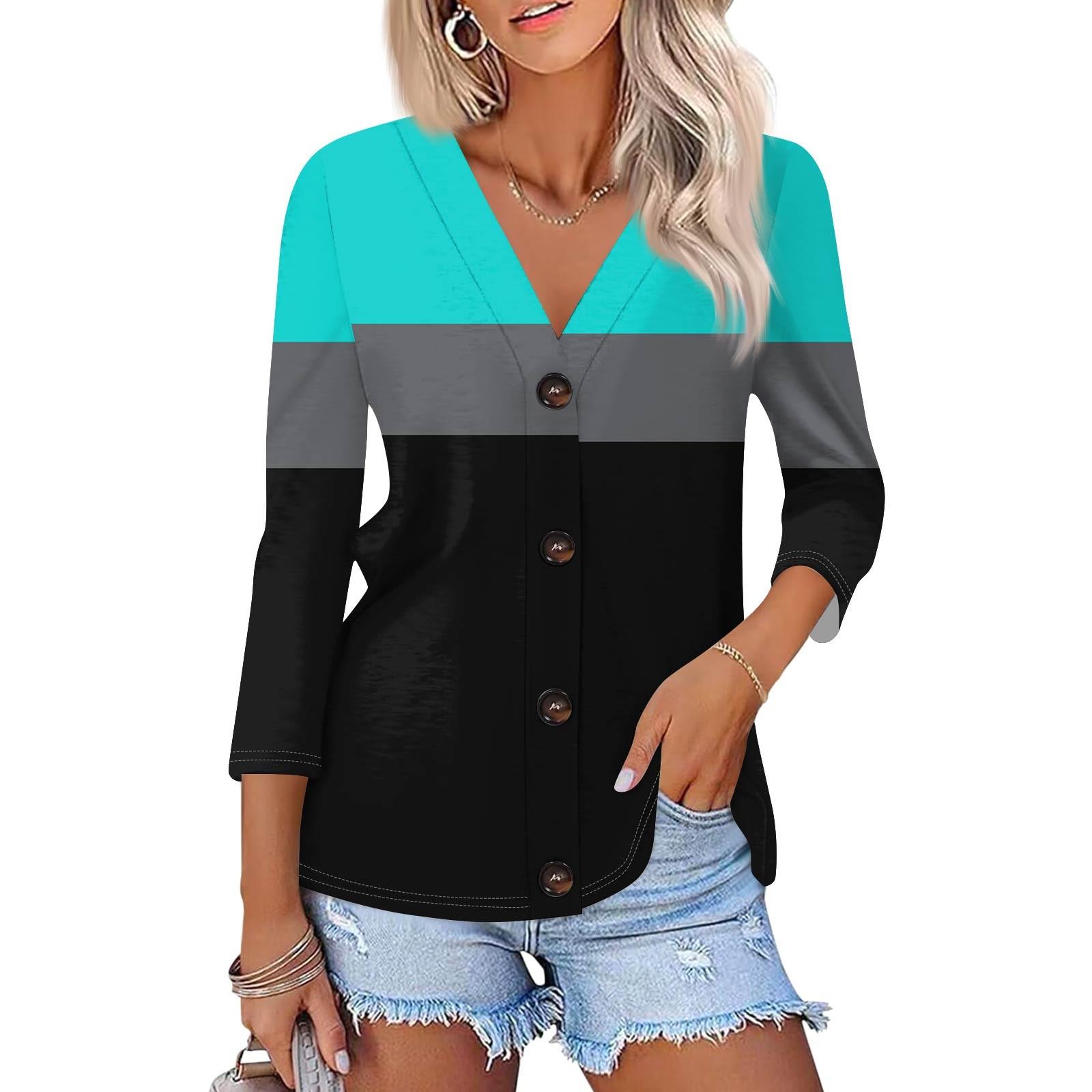 

Женская модная повседневная рубашка на пуговицах с геометрическим принтом в полоску, топ-кардиган с рукавом три четверти L чёрный