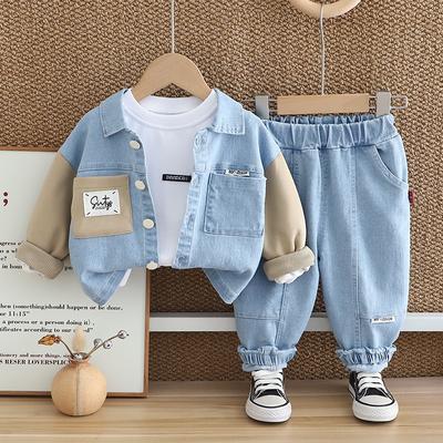 Boys Spring and Autumn Denim Suit Children's Lapel Denim Color Matching Pockets Boys  Sweater Jacket Jeans Three-piece Suit