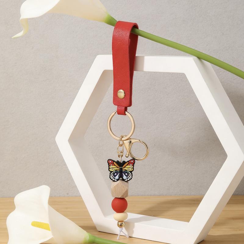 1Pcs Butterfly Silicone Beaded Keychain Personalized PU Leather Bag Charm for Camping Backpack Decor Ornament