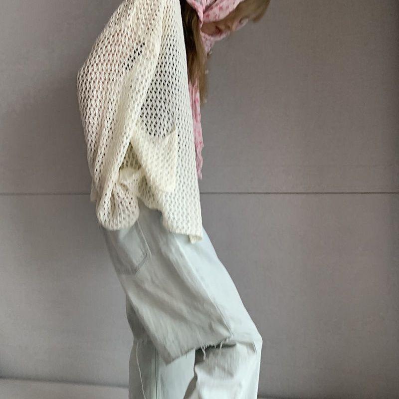 Harajuku stickad kofta dam vintage hollow out oversized tröja koreanskt mode löst Casual långärmade tunna toppar