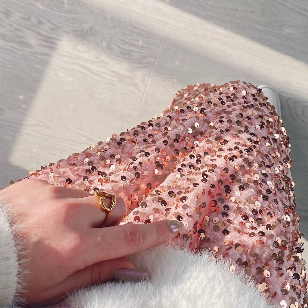 Outono e inverno cor sólida veludo lantejoulas midi vestido all-match elegante sexy saia feminina