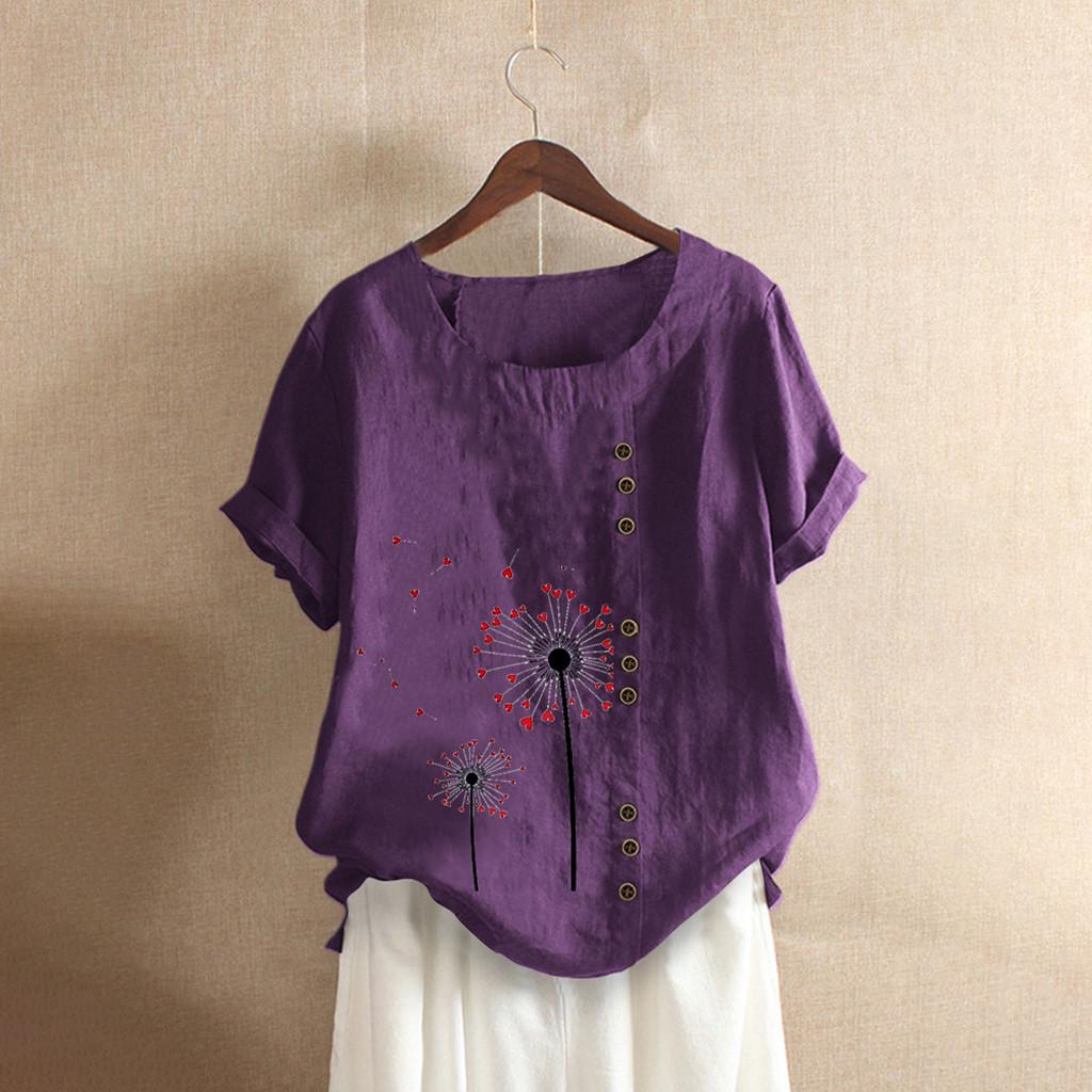 Women Buttons  Short Sleeve Floral Print Buttons Cotton Linen Vintage Top