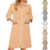 Women's Plaid Zip-Up Bathrobe, Lightweight Three-Quarter Sleeve Knee-Length Robe with Pockets for Casual Loungewear
