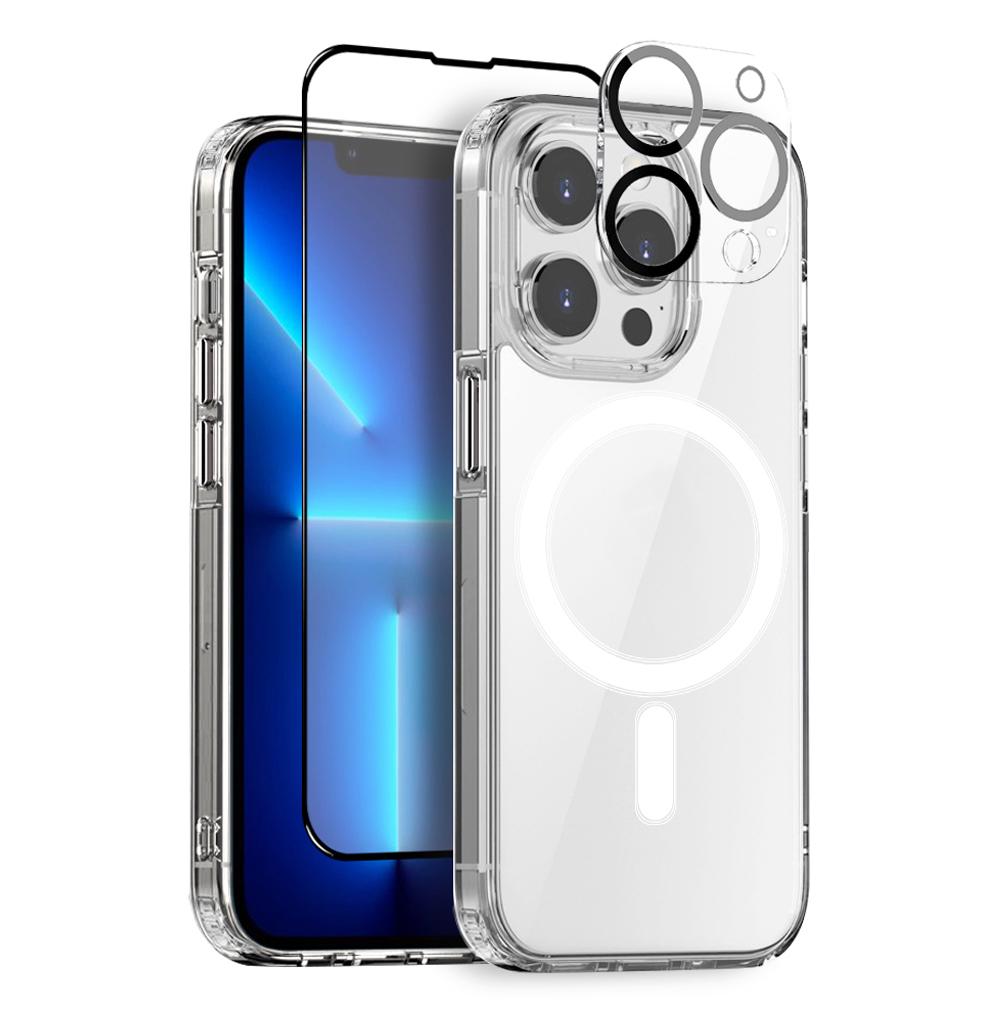 

NORTHJO For iPhone 13 Pro PC+TPU Clear Phone Case with Tempered Glass Film+Lens Protector,Compatible with MagSafe A