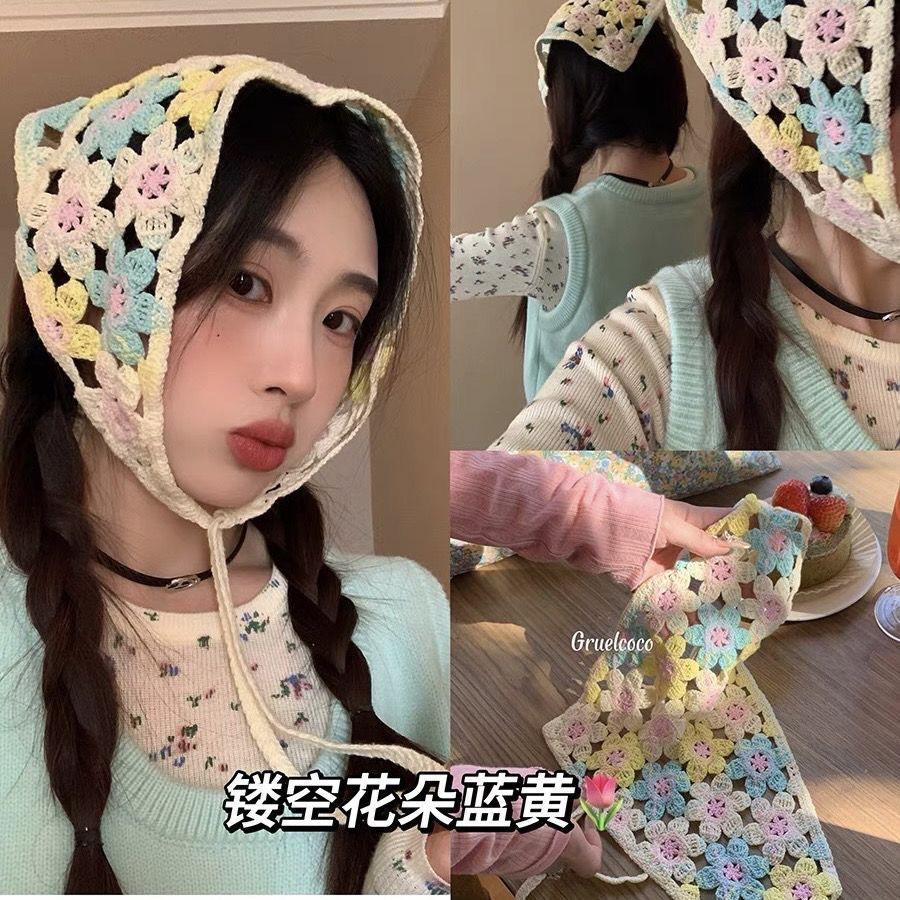 Triangle towel cute flower dopamine French retro headscarf spring and summer travel sweet literary knitting hollow straps