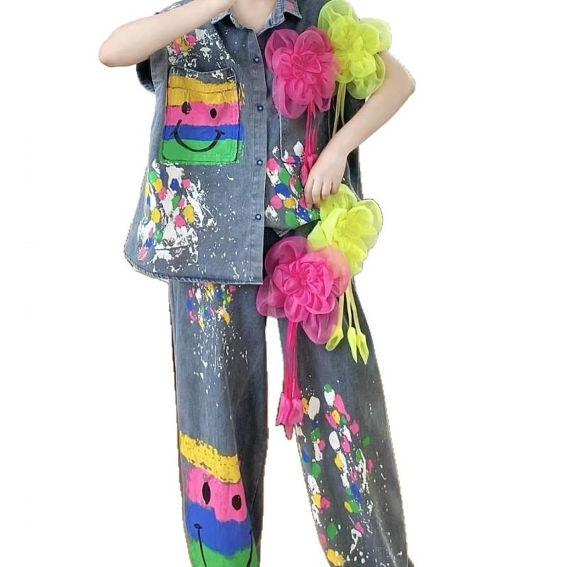 2026 3D Floral Graffiti Denim Sleeveless Shirt Wide Leg Pants Set Women