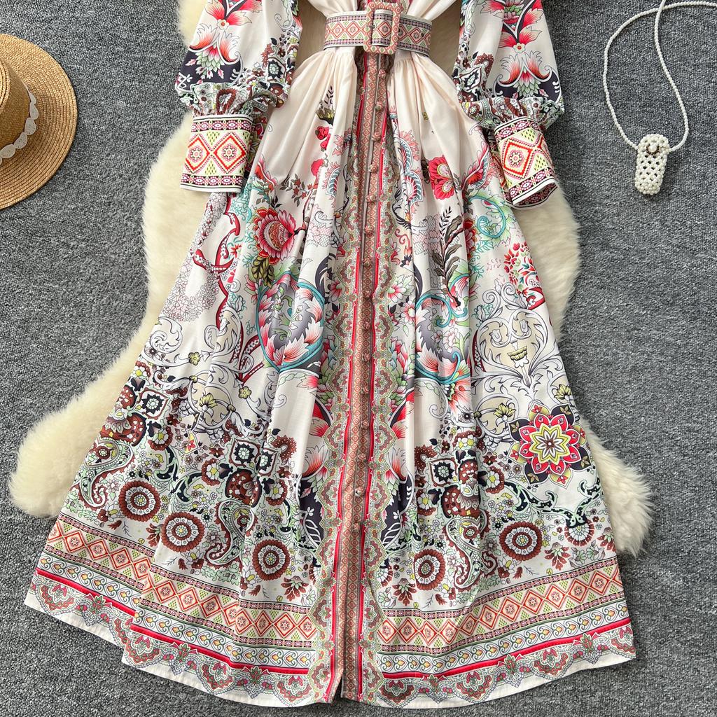 Frühling Herbst Damen Designer Runway Kleid Stehkragen Vintage Print Einreiher Urlaub Party Kleider mit Gürtel