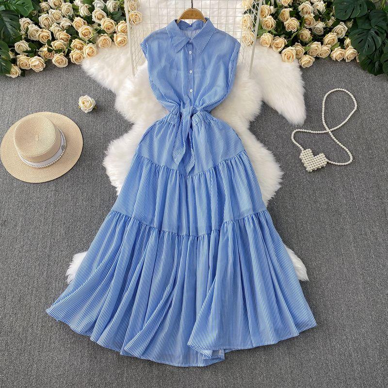 

New Fashion Stripe Sleeveless Lapel One piece Dress Women clothing Sexy Hollow Lace-up Waist Hugging Slimming Pleat Long Dress Blue One size