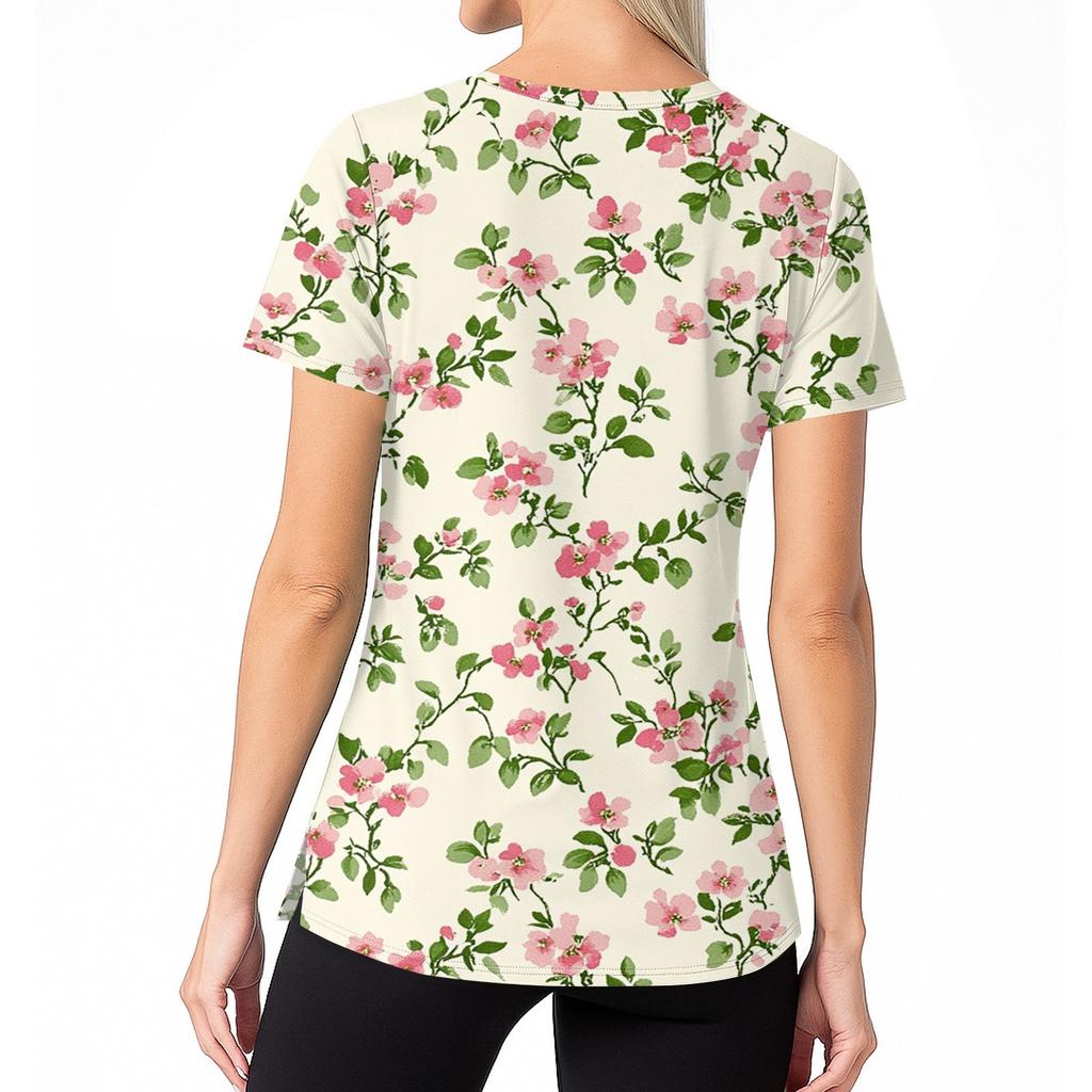 Women's Floral Print V Neck Medical Scrub Top with Side Slits Short Sleeve Professional Nurse Uniform Shirt for Healthcare Workers