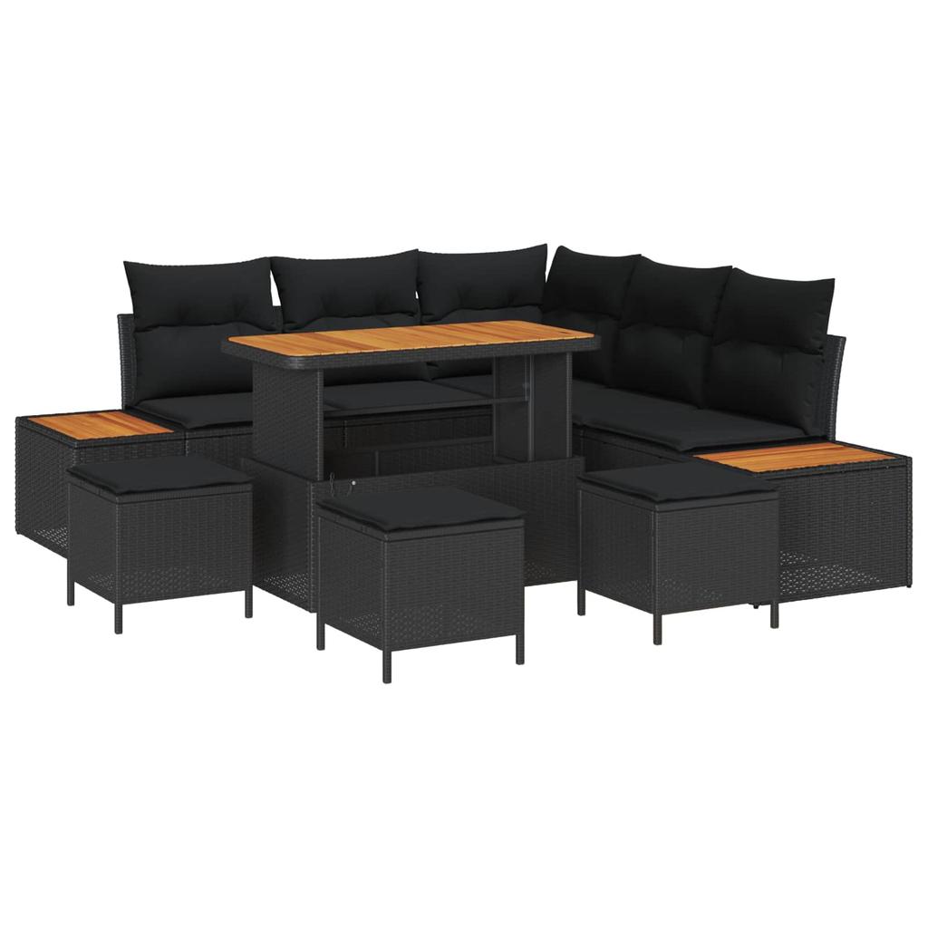 9 Piece Black Garden Sofa Set with Cushions