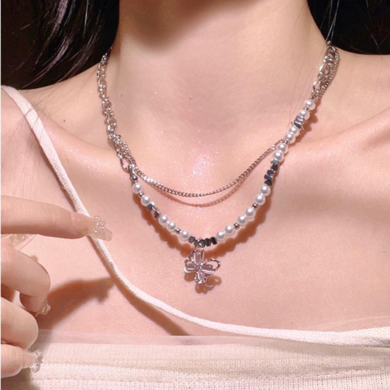 Pearl Hollow Pink Butterfly Double Pearl Necklace Niche Premium Clavicle Chain Sweet Cool Spice Girl Accessories