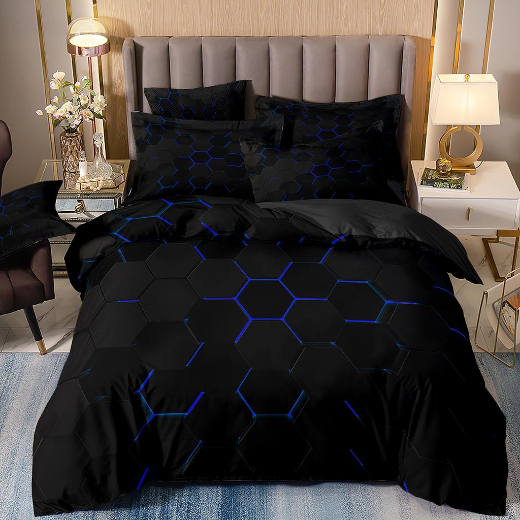 Red Glowing Bedding Set,Abstract King Duvet Cover Honeycomb Quilt Cover For Teens Adults Geometry Hexagon Bed Set
