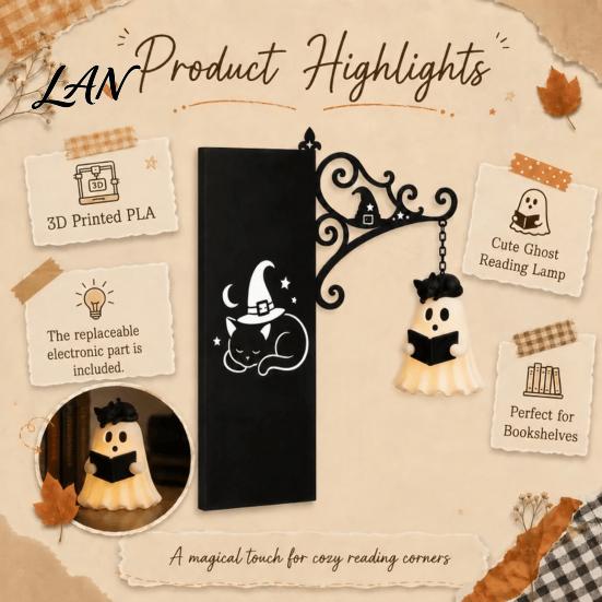 Retro Iron Hanging Lamp Ghost Book Light, Spooky Bookshelf Decor with Warm Small Display Glow, Gothic Reading Corner Ambient Lighting for Halloween