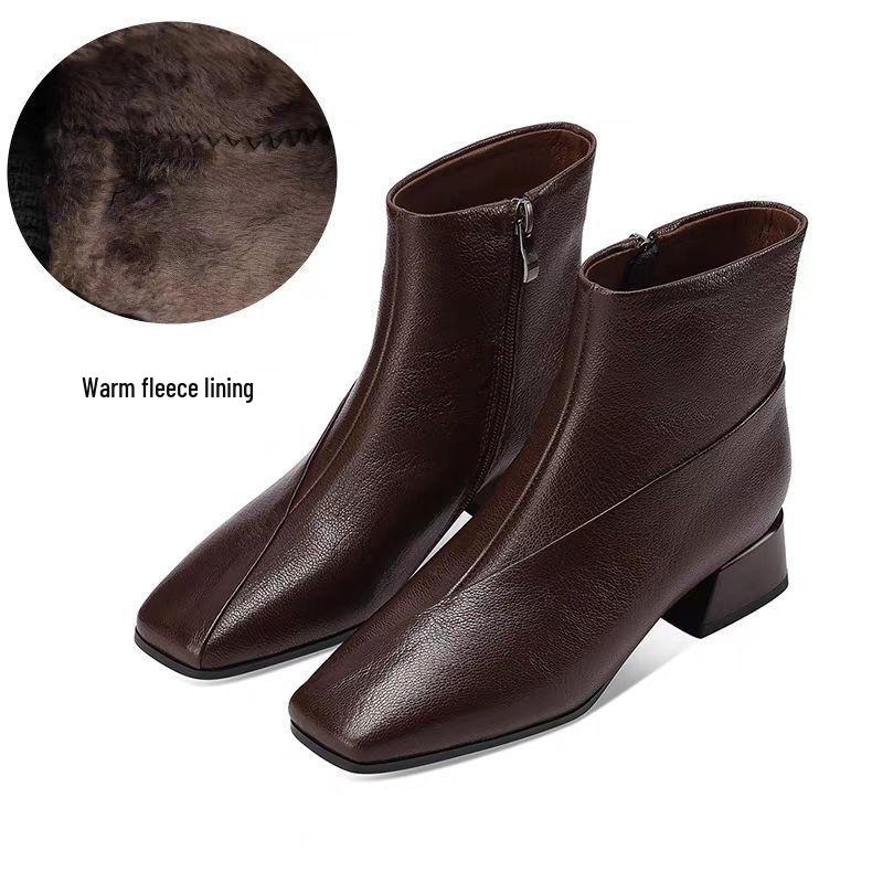 2025 Women's Soft Leather Mid-Heel Square Toe Boots with Velvet Lining for Autumn and Winter