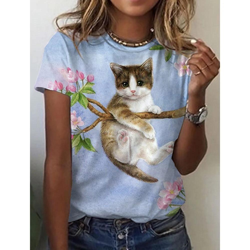 Women 3d Cute Cat Print Fashion Y2k Tops Kawaii Oversized Summer O-Neck Top