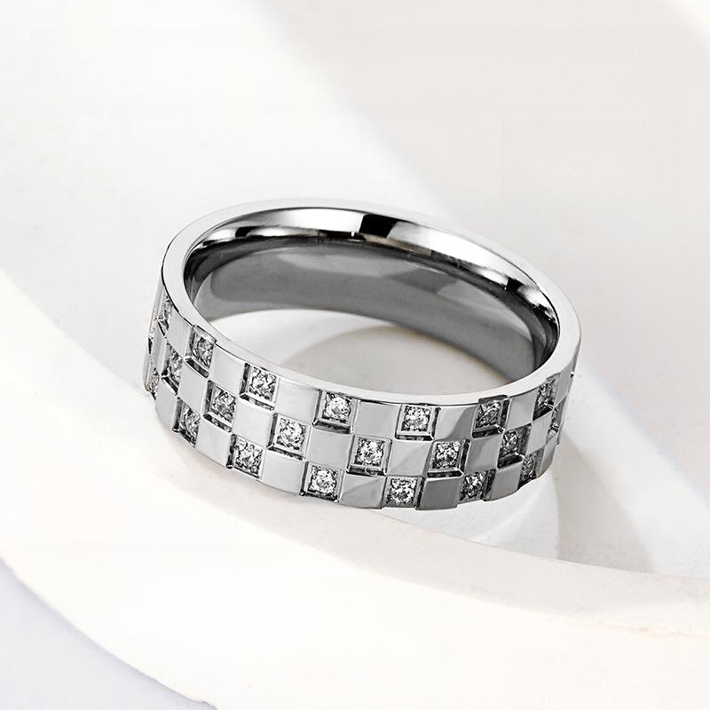 Light Luxury Sugar Cube Chessboard Diamond Ring Titanium Steel Electroplating Advanced Sense Ring Ins Neutral Wind Accessories