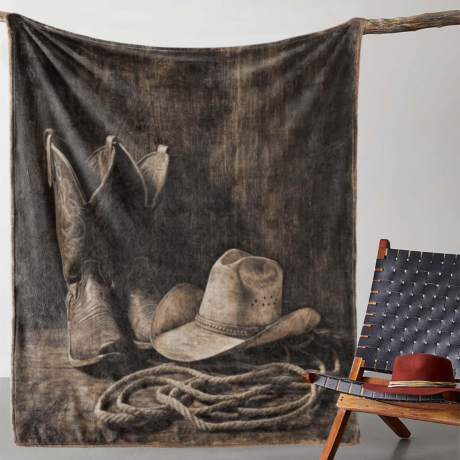 

Retro western cowboy boots and hats printed flannel blanket comfortable for beds, sofas cars camping and travel all year round 75x90cm