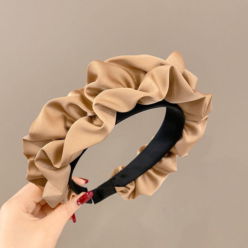 New  Korean Big Wide Ruffles Satin Bezel Black Coffee Neutral Solid Color Hairbands for Women Girls Hair Accessories