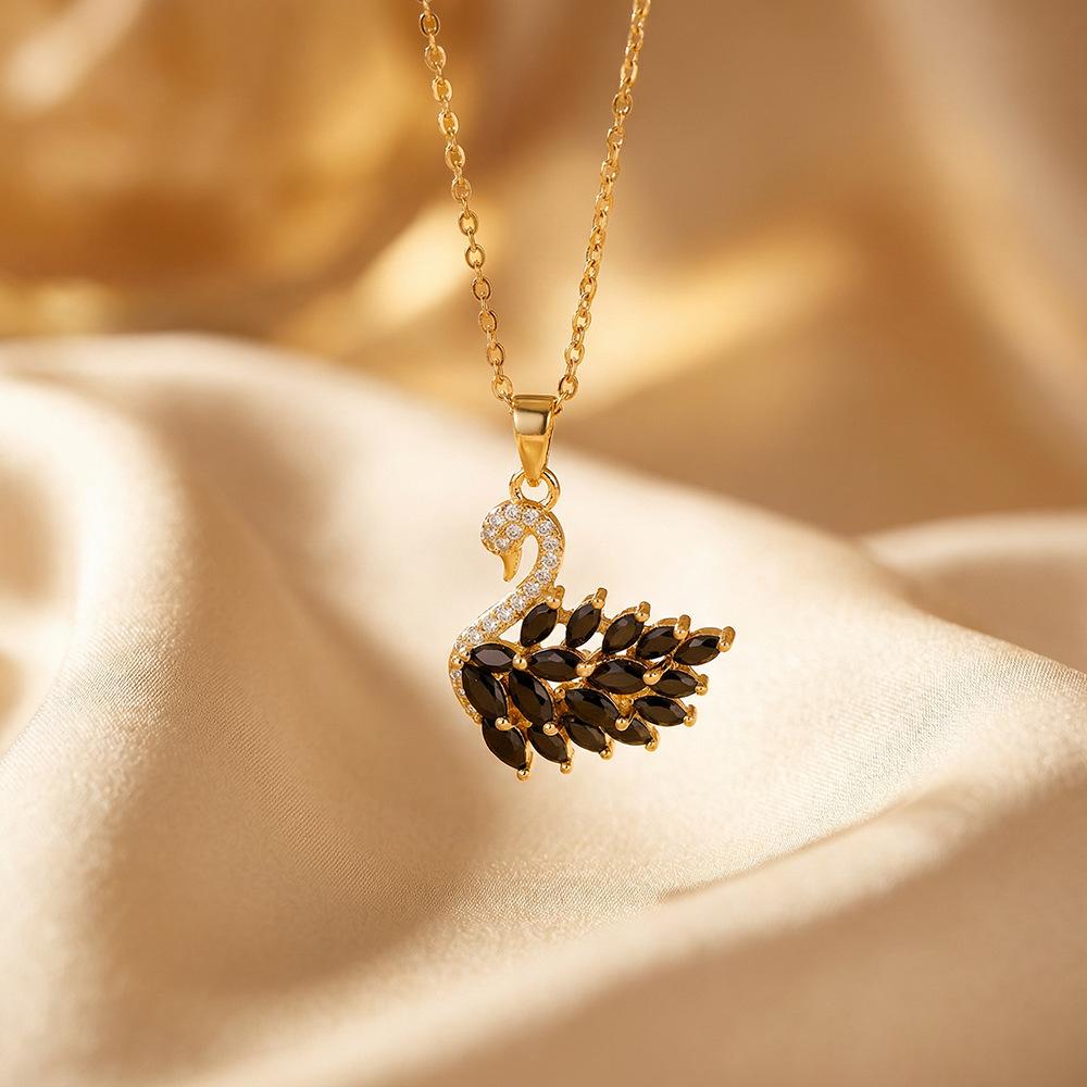 Luxury Swan Pendant Necklace for Women, Cubic Zirconia Inlaid Copper Charm, Gold Silver Plated Stainless Steel Chain, Elegant Jewelry