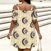 Women Plus Size Cold Shoulder Chain Straps Short Sleeve Sun Moon Printed Beige Loose Dress