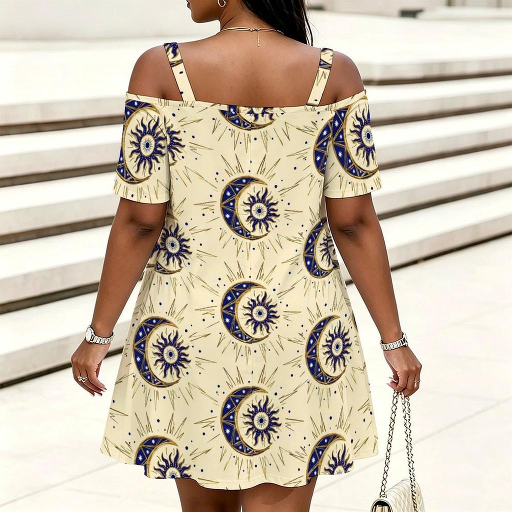 Women Plus Size Cold Shoulder Chain Straps Short Sleeve Sun Moon Printed Beige Loose Dress