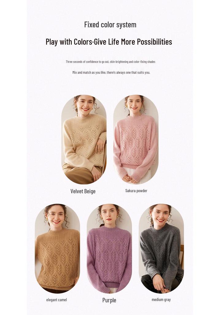 Women's 2025 Autumn/Winter Cashmere Sweater: Half-High Collar, Thick Knitwear, Hollow-Out Design