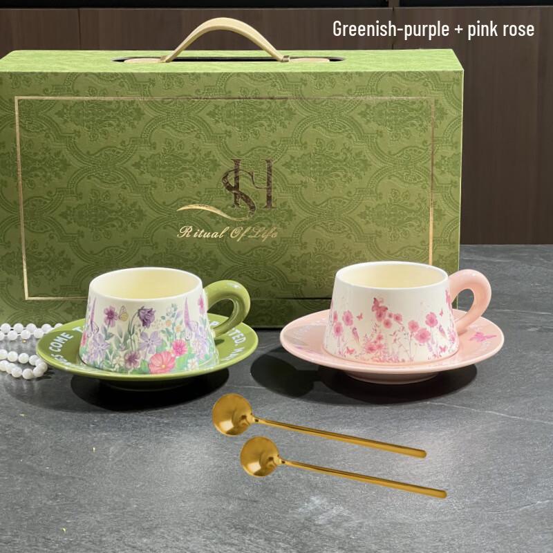 WA Coffee Cup & Saucer Gift Set Green Violet + Pink Rose Cup & Saucer + Gold Spoon