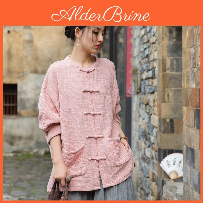 Johnature Vintage Tops Women Shirts Oneck Bat Sleeve Blouses Patchwork Pockets Loose Button Shirts