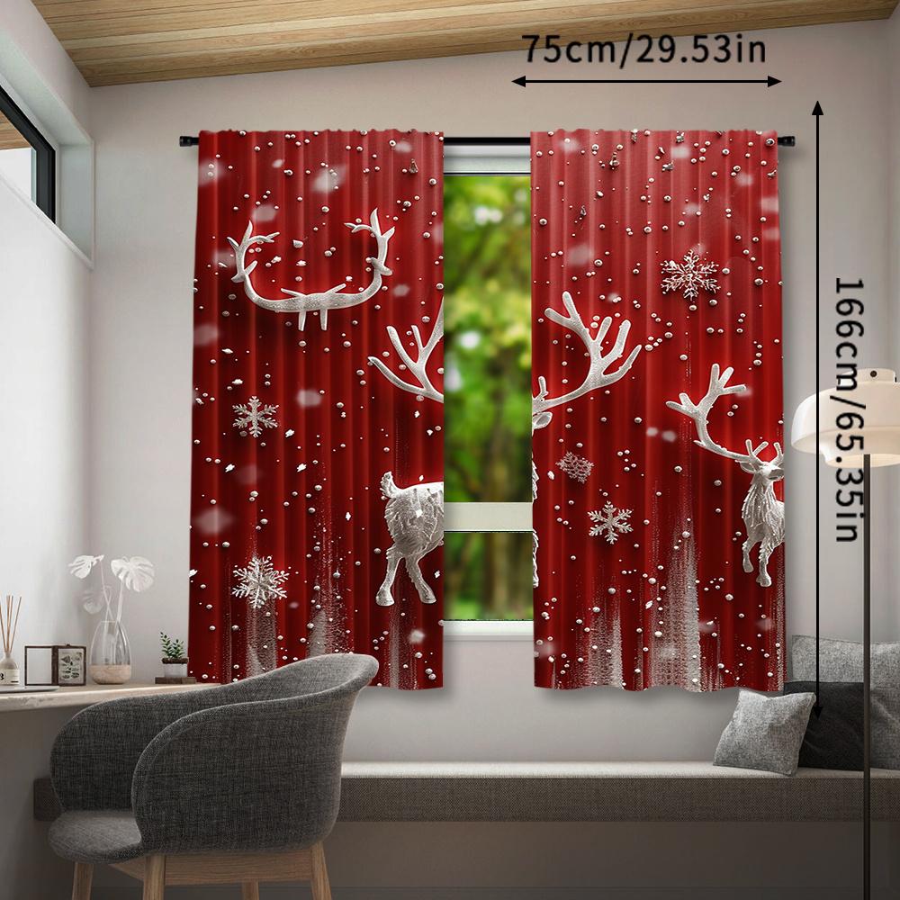 2pcs Reindeer Christmas Curtains - Festive Red & White Snowflake Design   Rod Pocket Window Treatment for Bedroom   Living Room   K