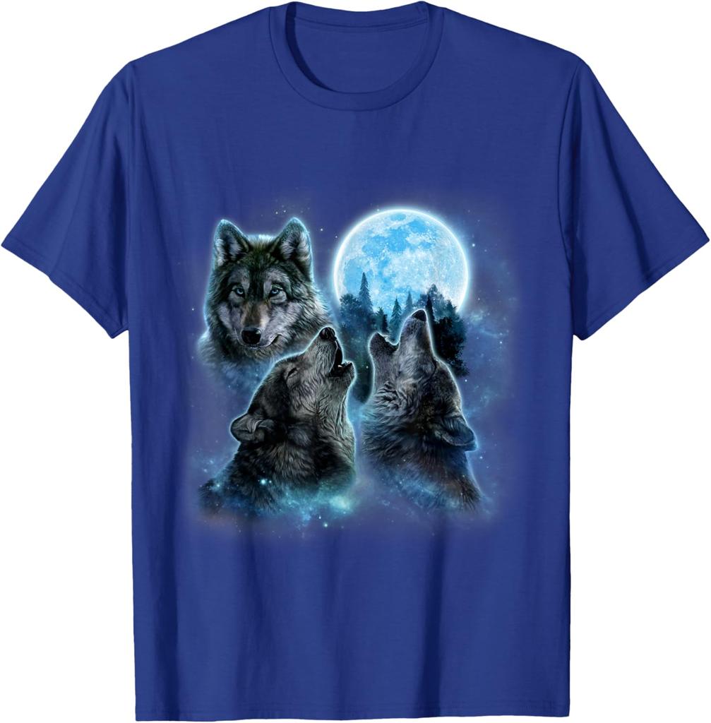 Three Wolves Howling Blue Full Moon Graphic Tee Breathable Cotton Casual T-Shirt for Men
