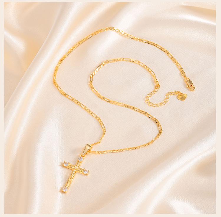 CZ Cross of Jesus Christ Crucifix Pendant Necklace, Figaro Chain Adjustable, Women Catholic Jewelry