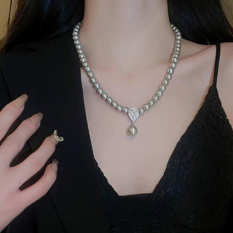 Pearl Zircon Teardrop Necklace French Style All-match High-end Pendant Light Luxury Clavicle Necklace Pearl Necklace for Women