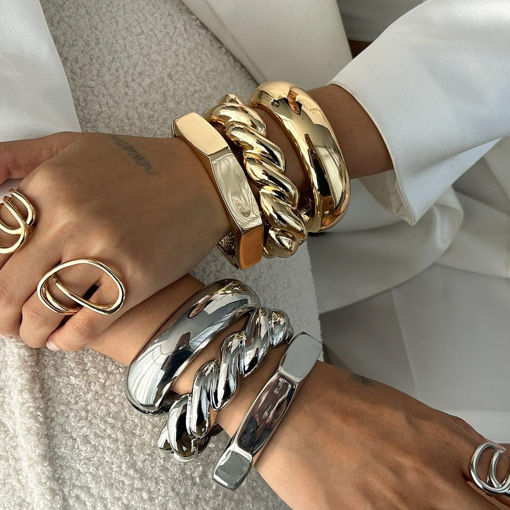 Exaggerated Metal Smooth Thread Stacked Bracelet, Personalized Retro Geometric Hexagonal Mirror Bracelet