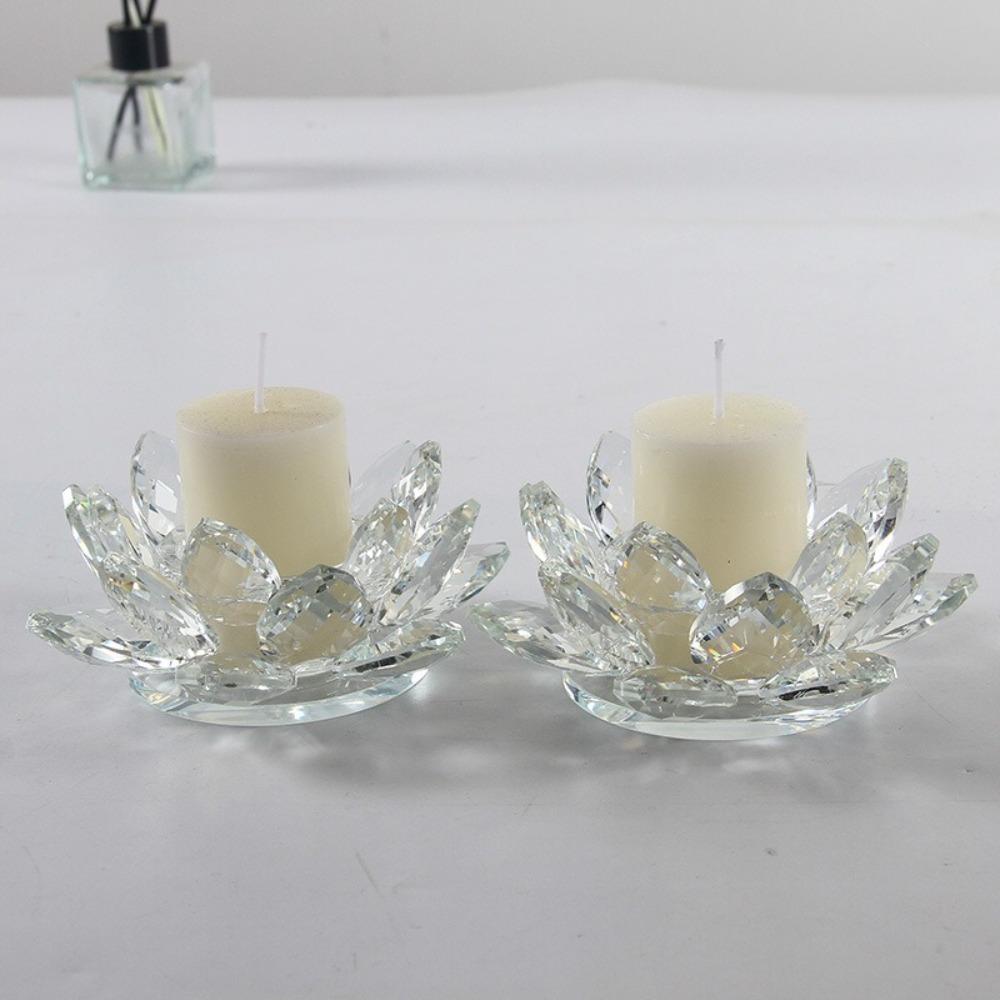 Cute Lotus Candle Holder Crystal Glass Tealight Candlestick Home Ornament Clear Figurines Everlasting Lamp Base Party Decor