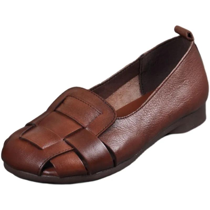 2024 New Braid Cutout Loafers Women's Brown Moccasins Female Vintage Shoes Slip On Leisure Retro Flats