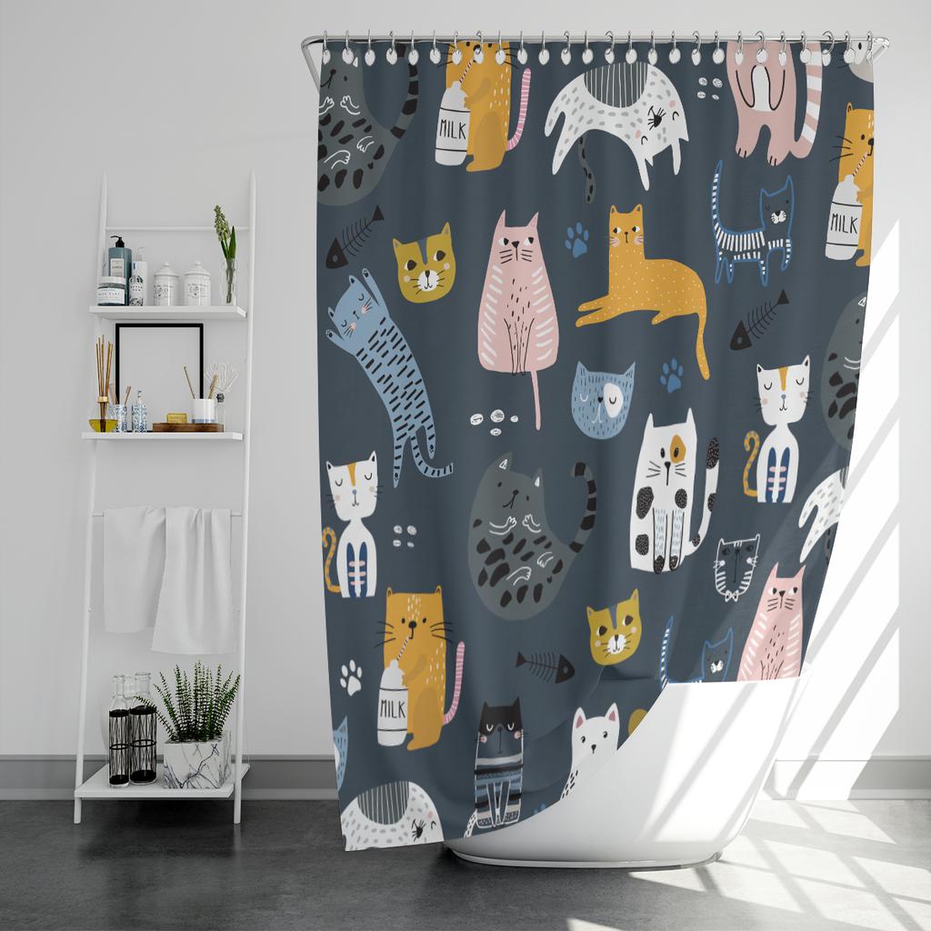 1pc Cartoon Cat Printed Waterproof Shower Curtain, Shower Partition Hanging Curtain with 12 Hooks for Easy Installation