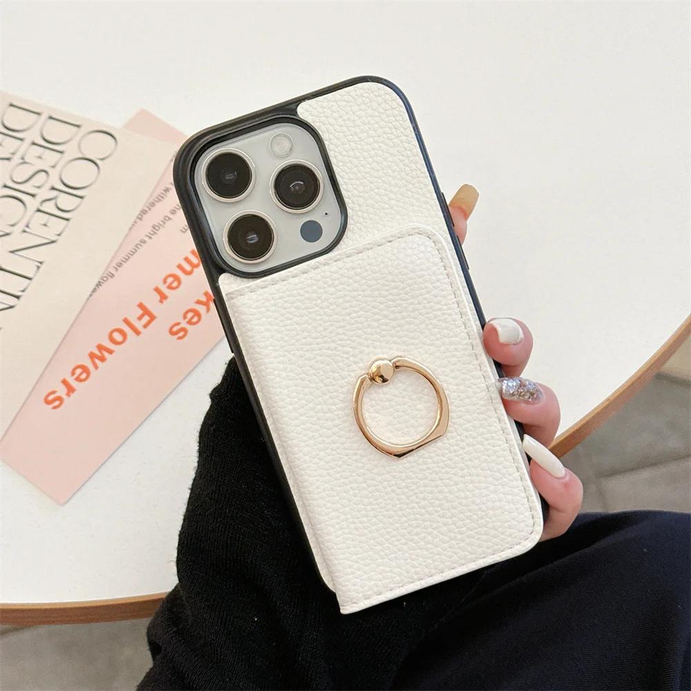 Leather Ring with Card Holder Phone Case for IPhone 15 14 11 Pro Max 13 12 Mini XR XS X Max 8 7 Plus PU Shockproof Shell Cover