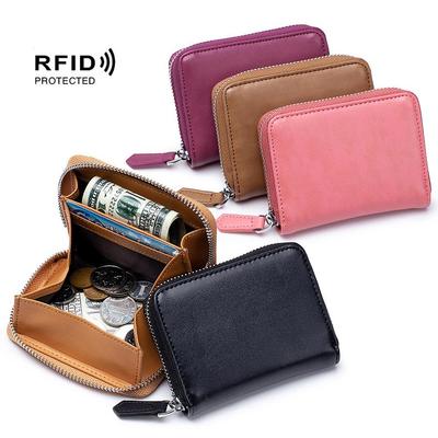 Fashion Coin Holder Pouches Genuine Leather Bank Credit Card RFID Blocking Wallet Men and Women Slim Small Change Coin Keys Cards Zipper Bag
