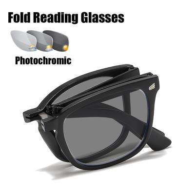 Folding Photochromic Sun Glasses Women Men Vintage Color Changing Square Reading Glasses Outdoor Portable Finished Presbyopia
