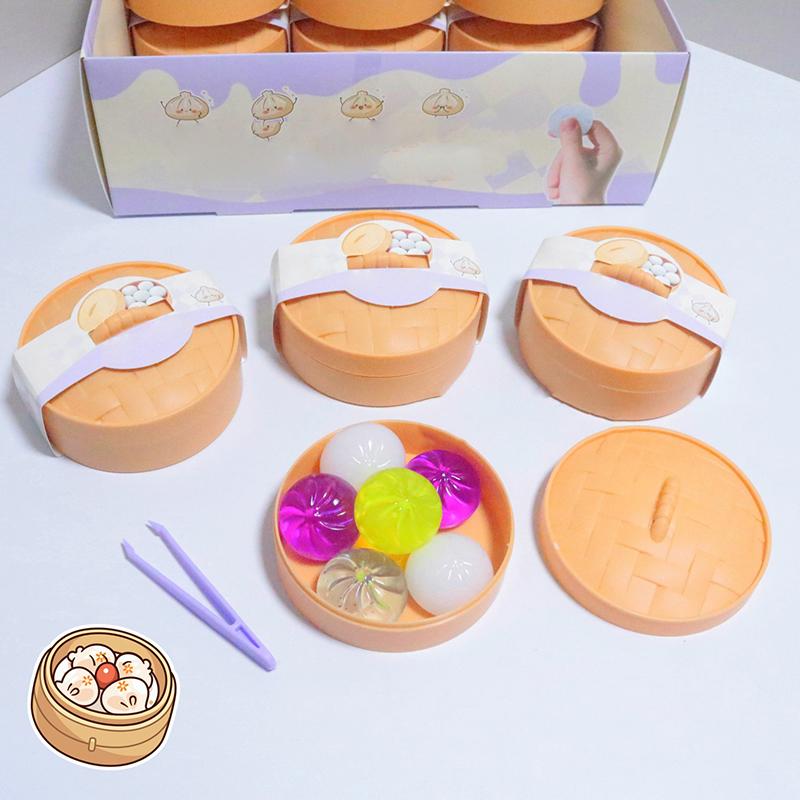 NEW 6Pcs Mini Dumplings With Steamer Bun Squeezable Toys Set Soft Stress Relief Crystal Fidget Sensory Toy Party Favors Gift