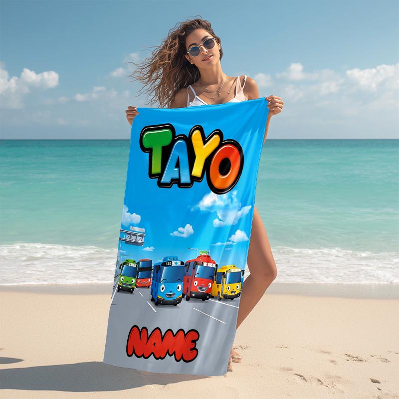Personalized Tayo Bus Adventure Beach Towel Microfiber Beach Towel Thin Absorbent for Beach Swimming Yoga Bath Sports. 091076