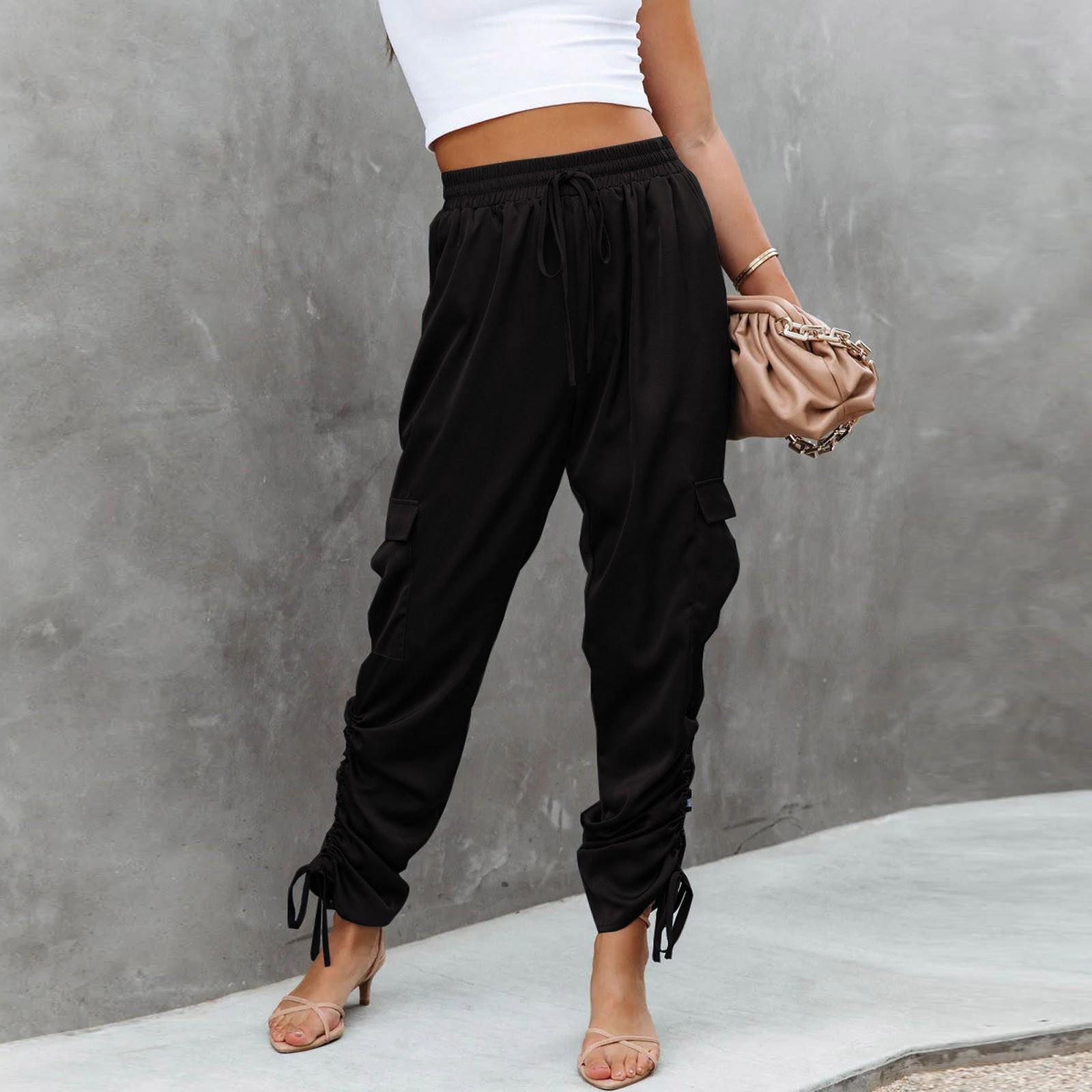 

Ladies Elastic Waist Pocket Trousers Casual Pants Loose Women Trousers S чорний