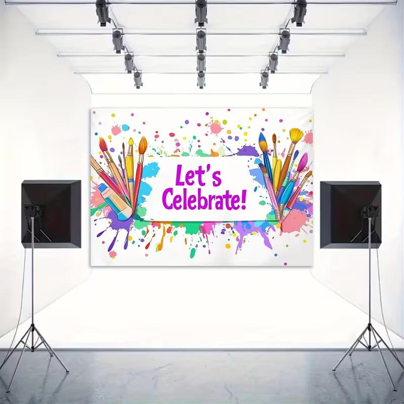 2D "Let's Celebrate!" Art Studio Backdrop Vibrant Paint Splash Themed Party Background