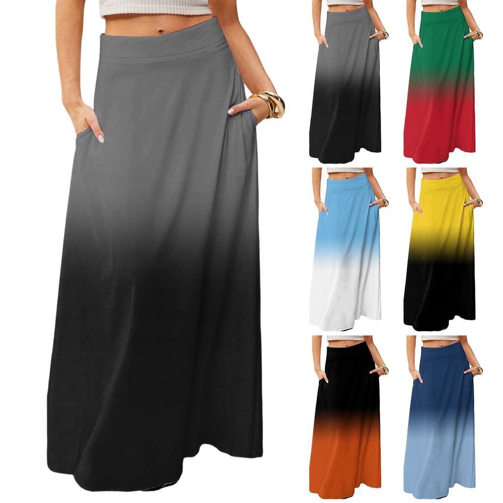 Women's Casual Leisure Foldable Gradient Print High Waist With Pocket Draped  Relaxed Long Maxi Skirt