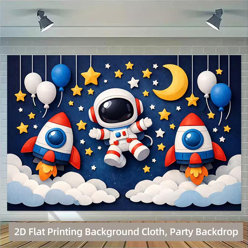 2D Cartoon Astronaut & Rocket Party Backdrop Kids Birthday Decor Supplies