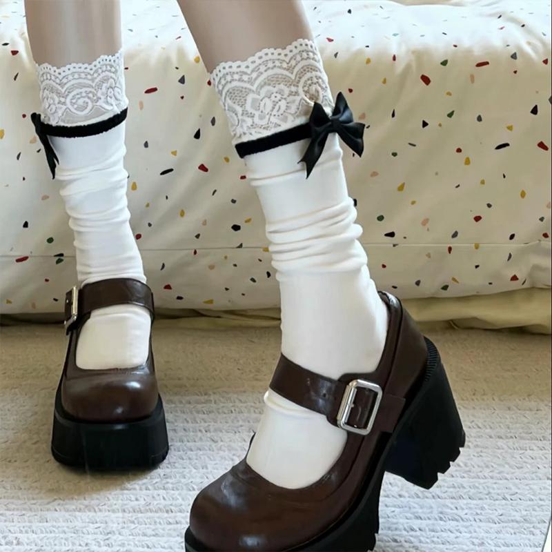 Sweet Lace Patchwork Calf Socks Lolita Bow White Cutewomen Mid-Tube Socks